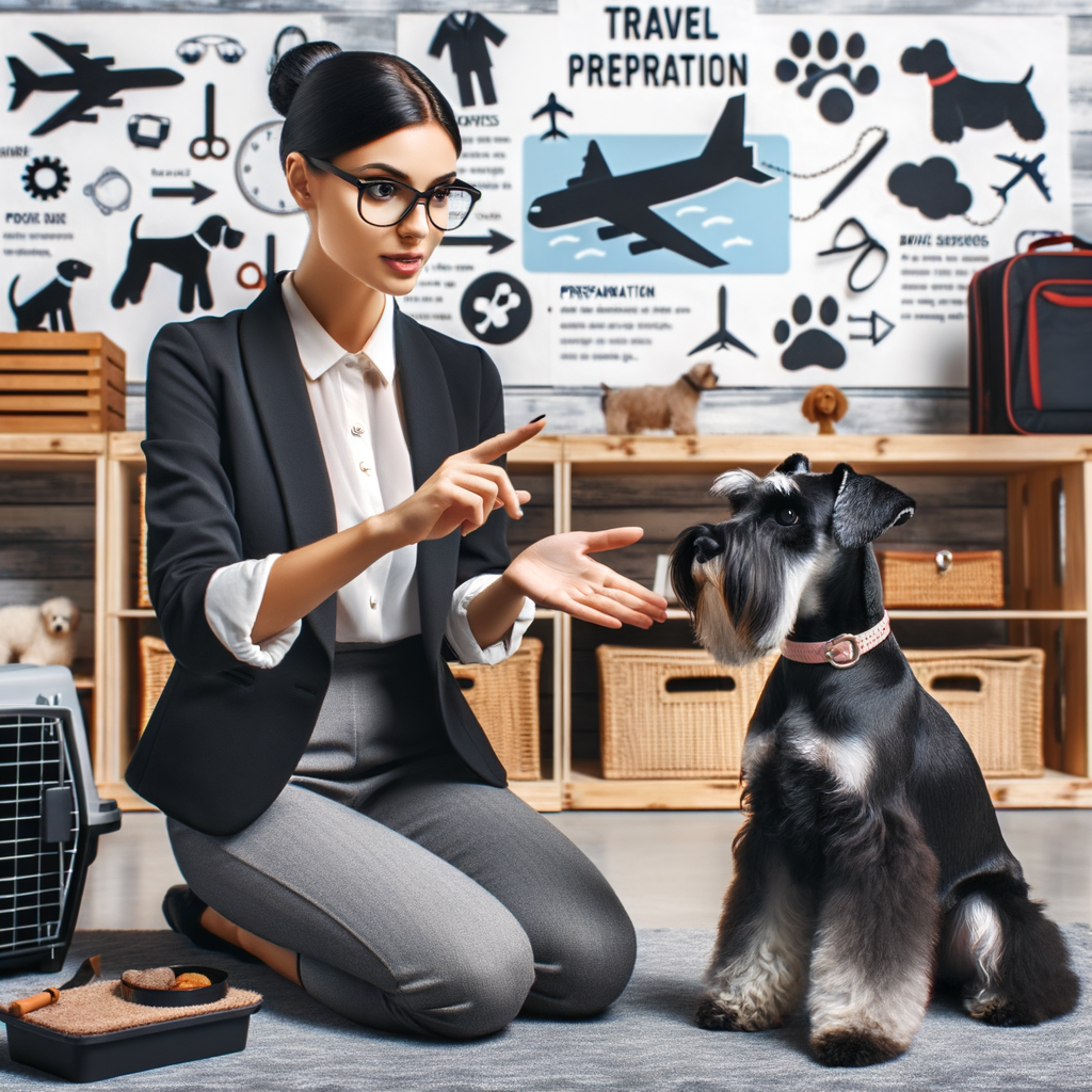 Mini Schnauzer trainer teaching travel preparation techniques to a Mini Schnauzer, providing travel anxiety solutions for dogs to ensure a stress-free pet journey.