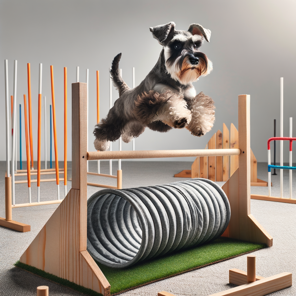 Mini Schnauzer demonstrating agility training on a DIY dog obstacle course, including hurdles, tunnels, and weave poles for enhancing dog coordination and exercise.