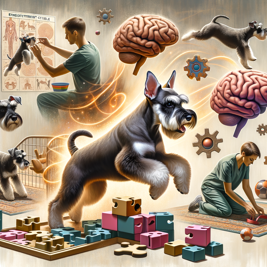 Mini Schnauzer engaging in brain games and training exercises for mental stimulation, illustrating the process of creating a dog enrichment schedule and providing Mini Schnauzer care guide tips.