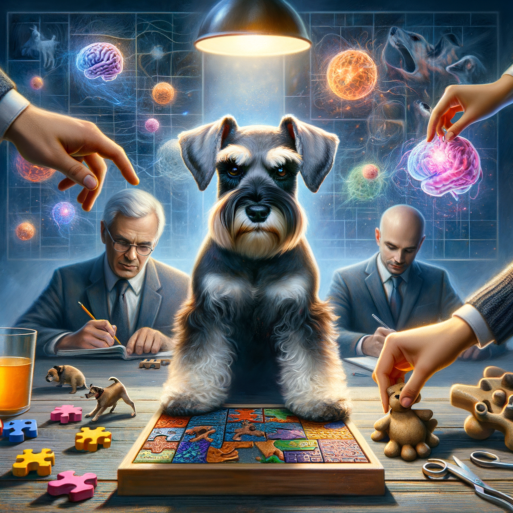 Mini Schnauzer enthusiastically solving puzzles and playing interactive toys in creative brain games, enhancing its mental sharpness, cognitive abilities, and overall mental health.