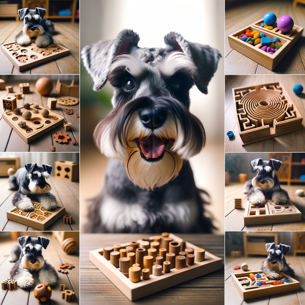 Mini Schnauzer engaging with DIY dog toys and homemade dog puzzles, highlighting the role of Schnauzer brain games in enhancing dog cognitive abilities.