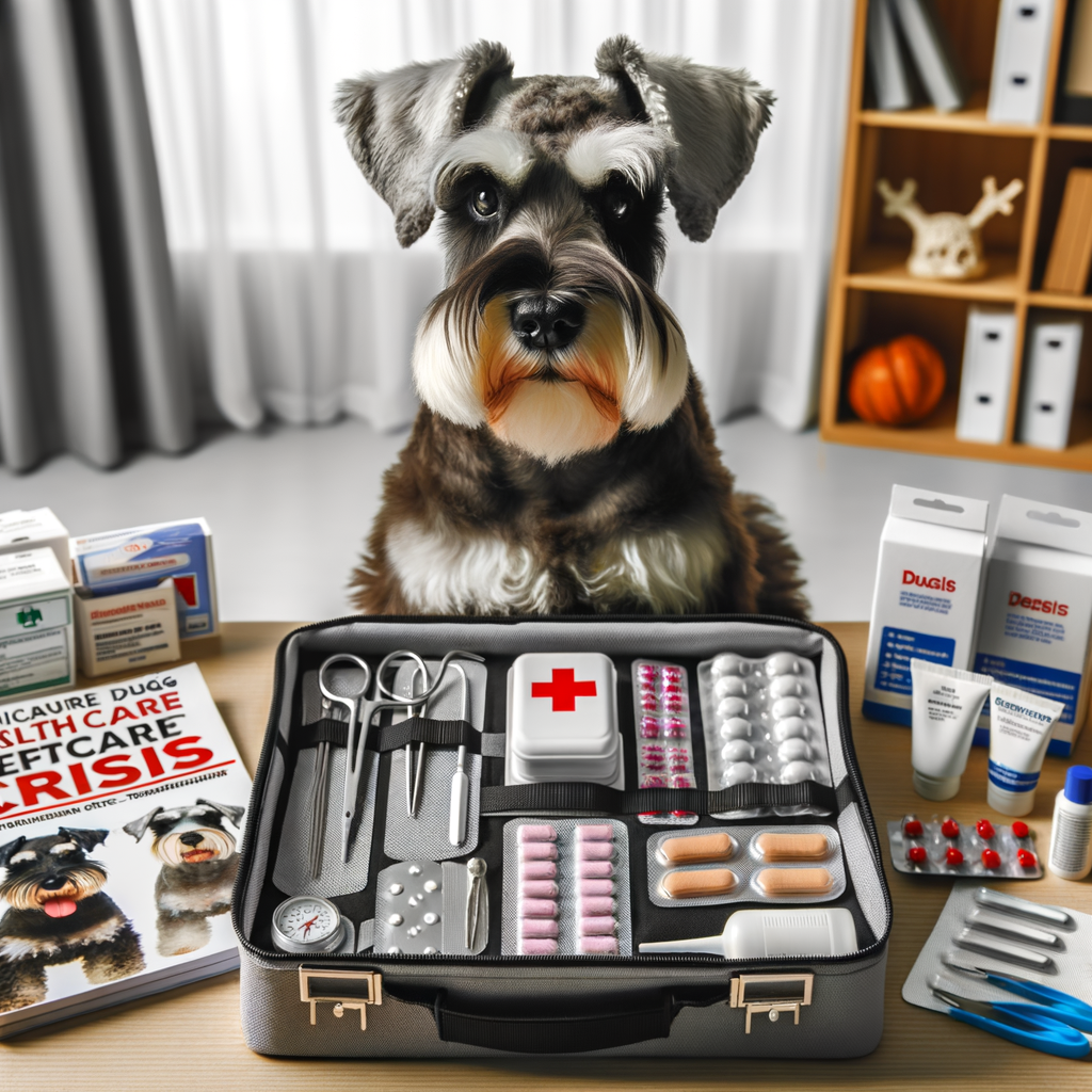 Mini Schnauzer observing a comprehensive First Aid Kit with essential emergency supplies for dogs, highlighting the importance of Mini Schnauzer health care and preparing for pet emergencies.