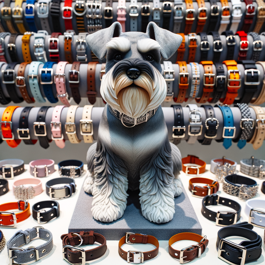 Mini Schnauzer wearing the perfect collar, showcasing a variety of stylish and safe Mini Schnauzer collar options with adjustable straps and quick-release buckles for right collar selection as per the Mini Schnauzer collar guide.