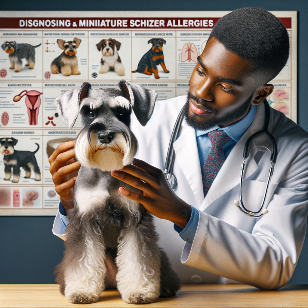 Veterinarian comforting a Mini Schnauzer with seasonal allergies, demonstrating dog allergy remedies, with a chart on Mini Schnauzer health issues and allergies in the background.