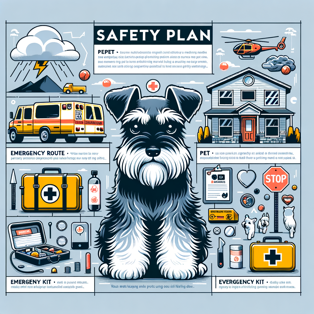 Infographic detailing a Mini Schnauzer safety plan for emergency evacuation, highlighting pet safety during evacuation, pet emergency preparedness, and Mini Schnauzer emergency care.