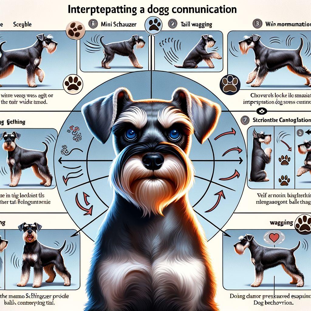 Scientific illustration of Mini Schnauzer behavior showcasing labeled Schnauzer tail wagging movements, decoding dog behavior and understanding Mini Schnauzer body language for better dog communication and canine behavior science understanding.
