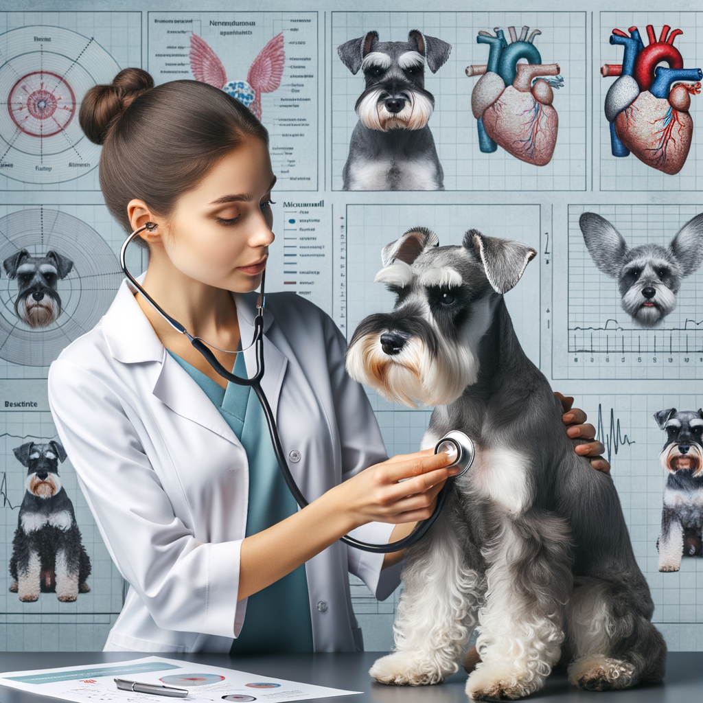 Veterinarian examining Mini Schnauzer's breathing with stethoscope, with charts on normal breathing in Mini Schnauzers and signs of breathing problems in the background, for understanding Mini Schnauzer respiratory health.