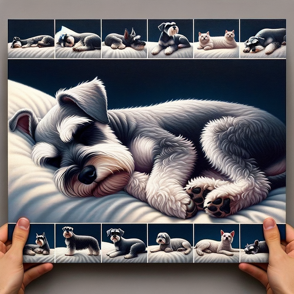 Mini Schnauzer sleep habits illustrated through various Schnauzer sleeping positions, showcasing pet's comfort and dog well-being for understanding Mini Schnauzer behavior, pet health, and rest patterns, providing canine comfort and Mini Schnauzer health insights.