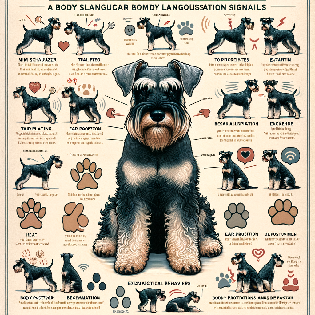 Infographic illustrating Mini Schnauzer behavior and body language, highlighting signs of dog stress and comfort, aiding in understanding Mini Schnauzer communication and interpreting their signals.