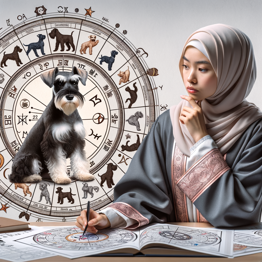 Astrologer analyzing Mini Schnauzer astrology chart correlating pet's birth date meaning with personality traits, highlighting the impact of astrological signs for dogs on understanding Mini Schnauzer behavior.