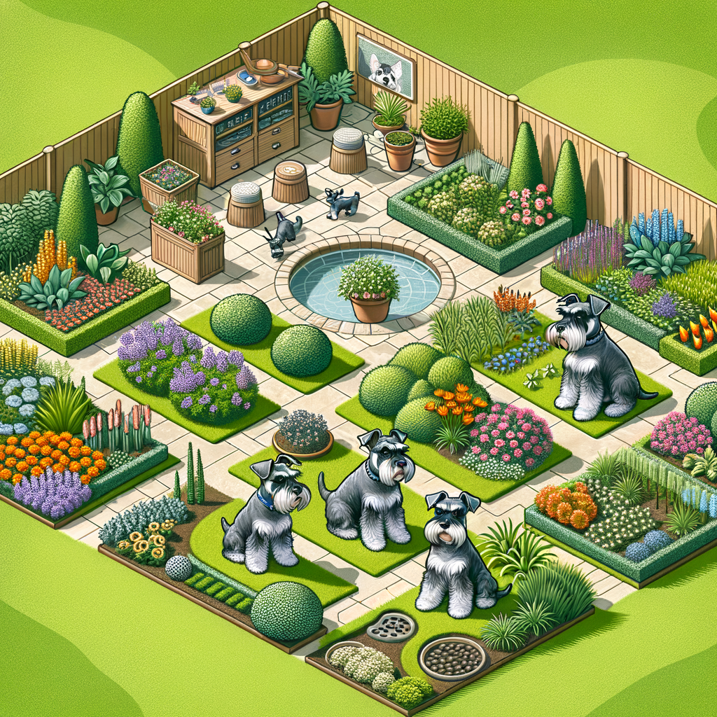 Mini Schnauzer-friendly yard design featuring safe plants, dedicated play area, and safety elements for Mini Schnauzer outdoor play, exemplifying tips for creating a dog-friendly yard.