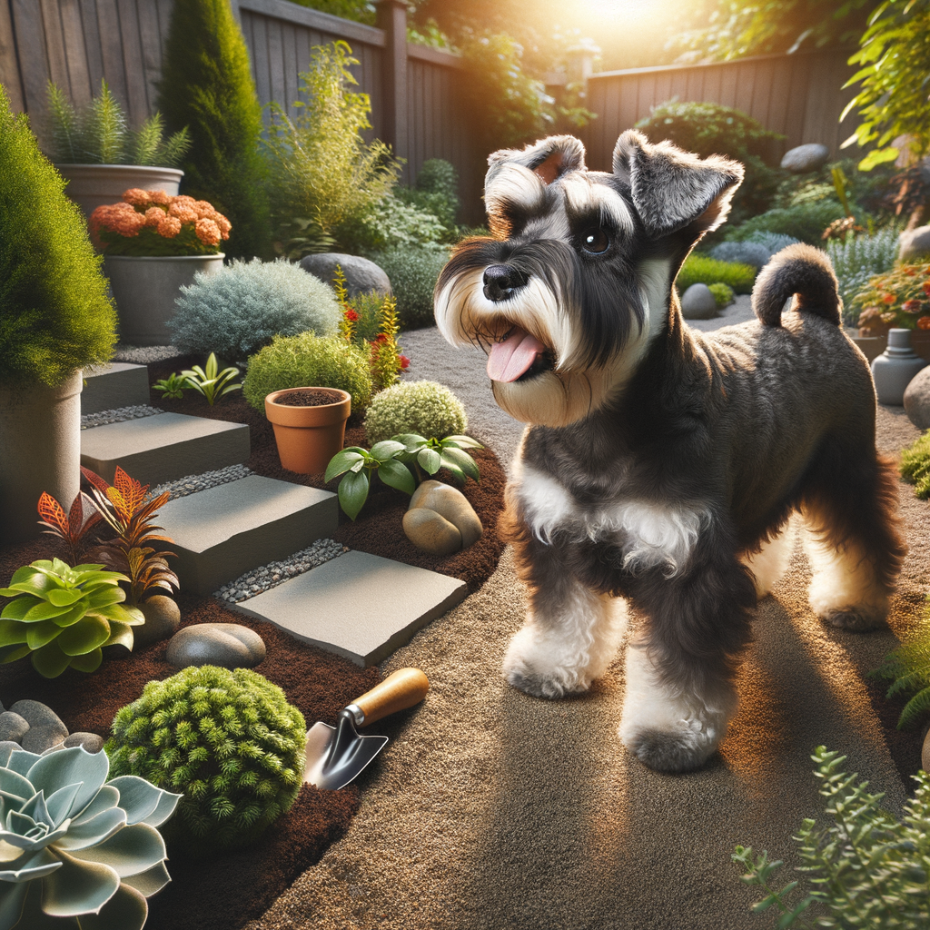 Mini Schnauzer exploring a professionally designed, dog-friendly garden with Schnauzer-friendly plants and landscaping ideas for a Mini Schnauzer-friendly garden.