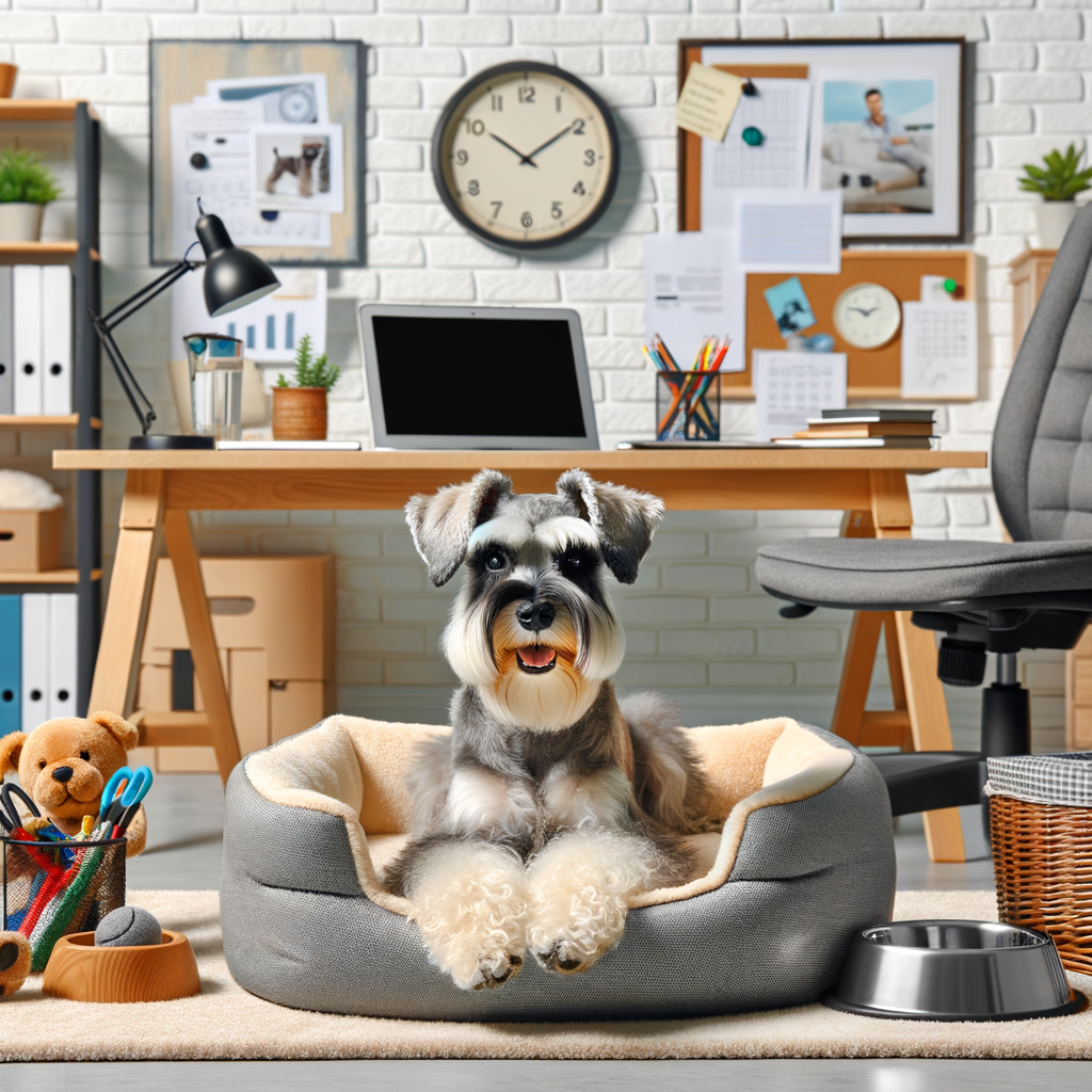 Mini Schnauzer enjoying its pet-friendly home office setup, showcasing an ideal Mini Schnauzer office environment with dog-friendly office design elements like a comfortable bed, toys, and water bowl.