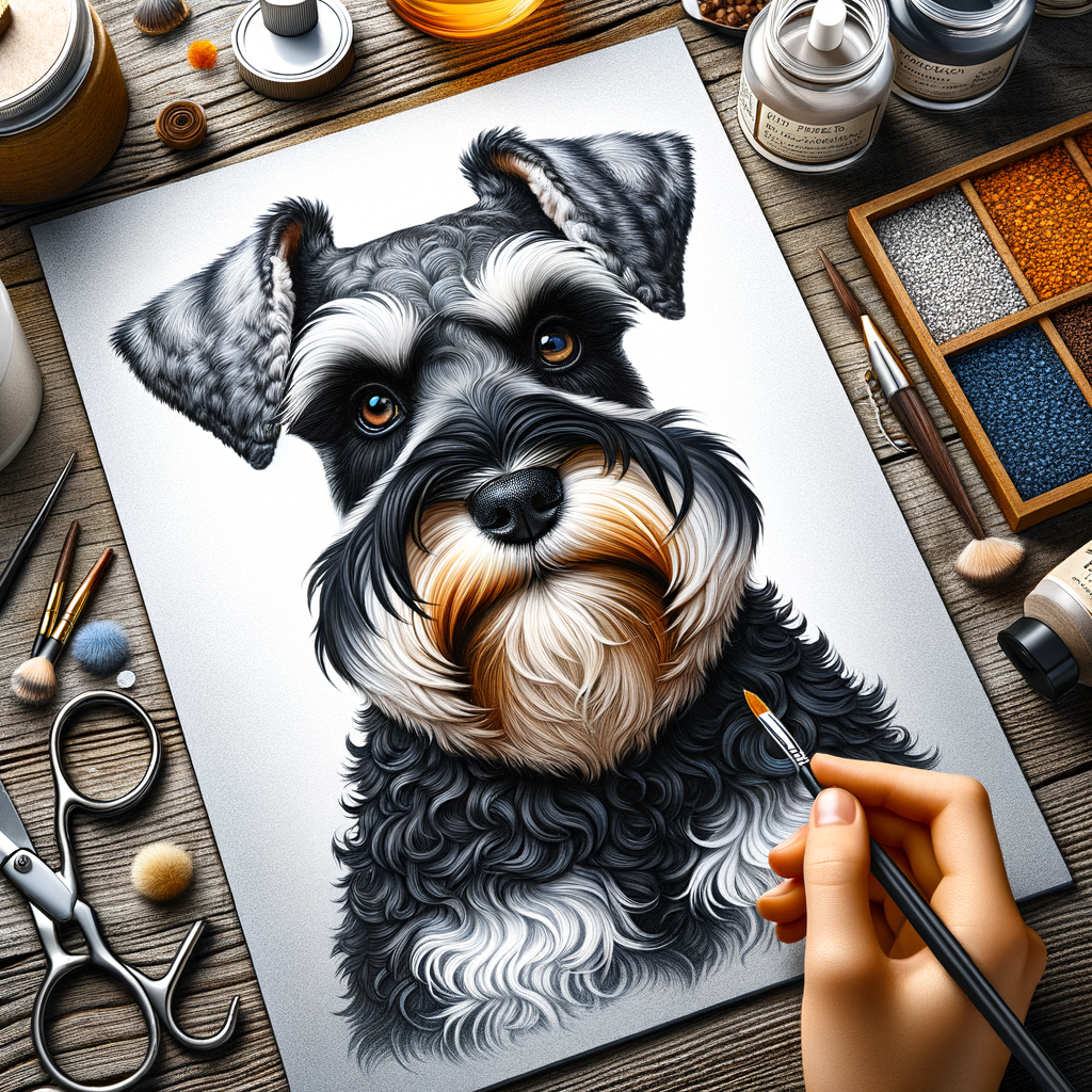 Rare Merle Mini Schnauzer showcasing unique traits and characteristics, surrounded by Mini Schnauzer care items for understanding and caring for this distinctive breed.