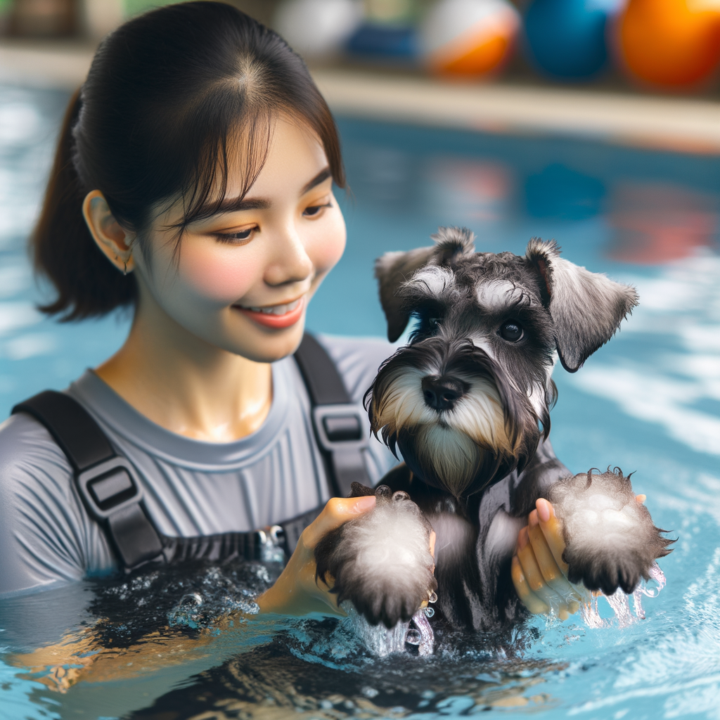 Mini Schnauzer enthusiastically swimming during a lesson, showcasing its natural abilities in water activities and games, under the guidance of a trainer for water safety during Mini Schnauzer water training.