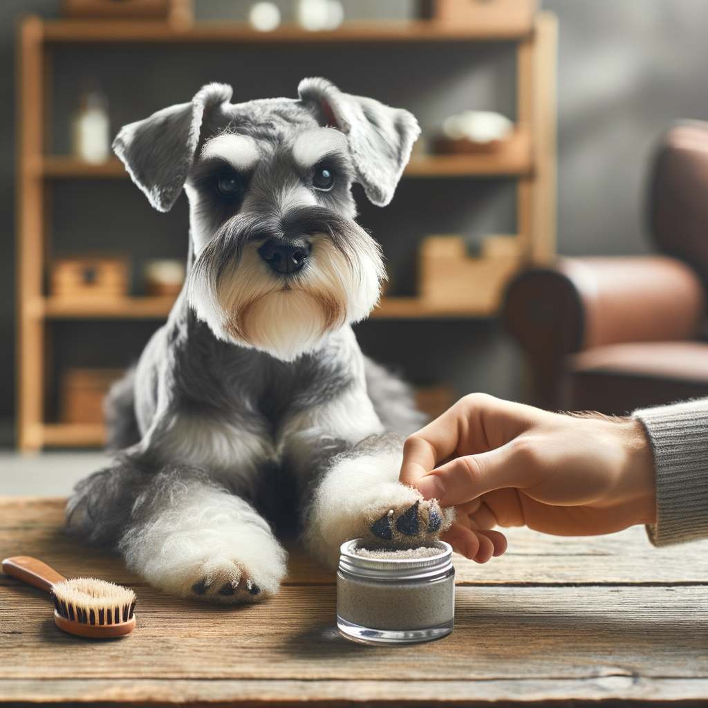 Mini Schnauzer receiving DIY Dog Paw Balm treatment at home, showcasing Homemade Dog Paw Balm in a jar for Mini Schnauzer Paw Care and Protection, emphasizing DIY Pet Care and Mini Schnauzer Health.