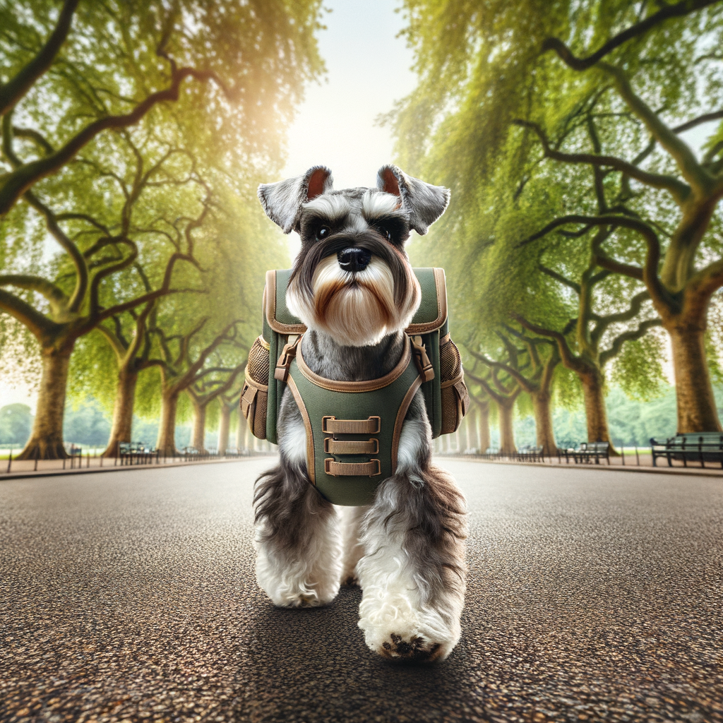 Mini Schnauzer confidently strutting with doggy backpack showcasing the practical benefits of Mini Schnauzer backpacks and the convenience of carrying their own dog gear.