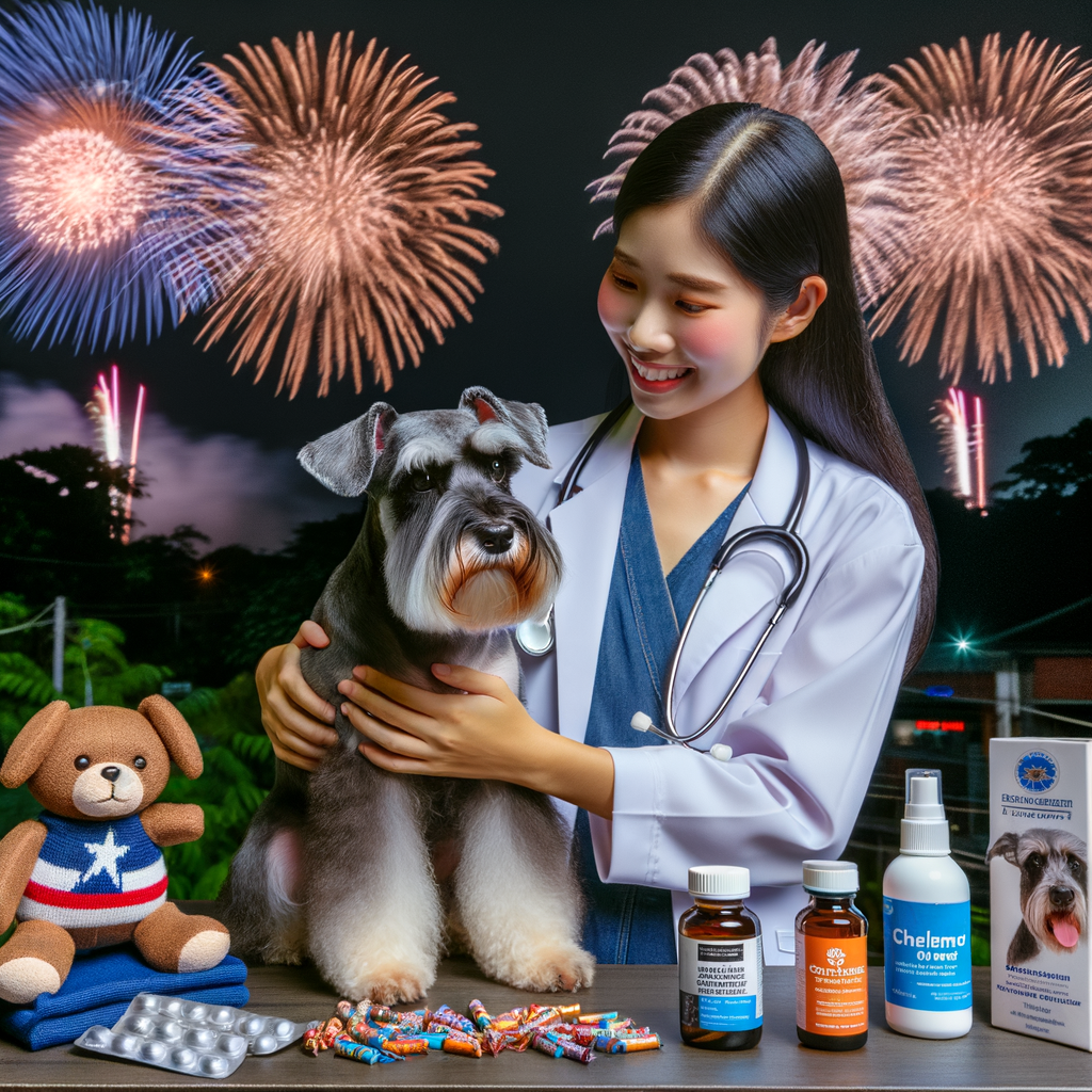 Veterinarian using calming techniques on anxious Mini Schnauzer during fireworks, showcasing dog anxiety remedies for stress relief and emphasizing pet safety during celebrations.