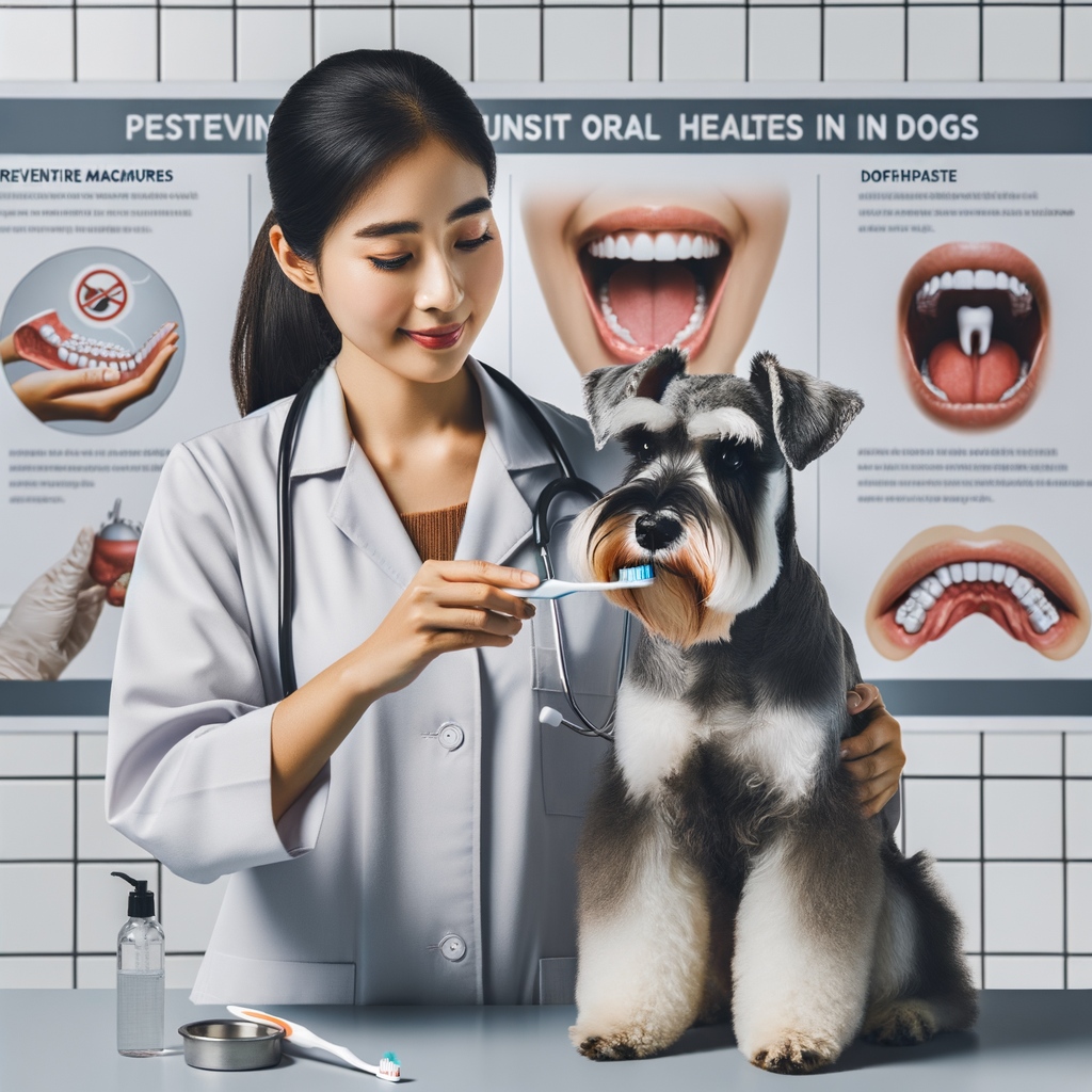 Veterinarian demonstrating Mini Schnauzers dental care and oral health maintenance with toothbrush and dog-friendly toothpaste, providing tips for preventing dental issues in dogs and highlighting the importance of regular dental care for Mini Schnauzers.