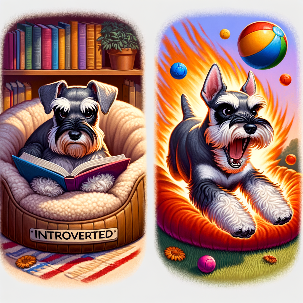 Introvert and extrovert Mini Schnauzer dogs showcasing contrasting canine personalities, one reading a book in a dog bed and the other energetically playing fetch in a park, highlighting Mini Schnauzer behavior for understanding dog personality traits.