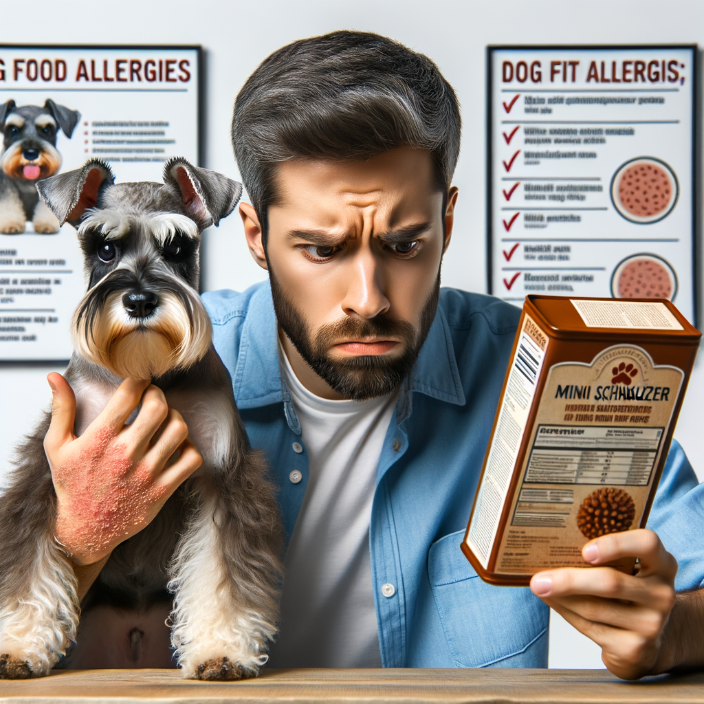 Mini Schnauzer owner identifying dog food allergies by examining pet food label and observing signs of dog food allergies like skin rashes and excessive scratching, highlighting the importance of a healthy Mini Schnauzer diet for overall health.