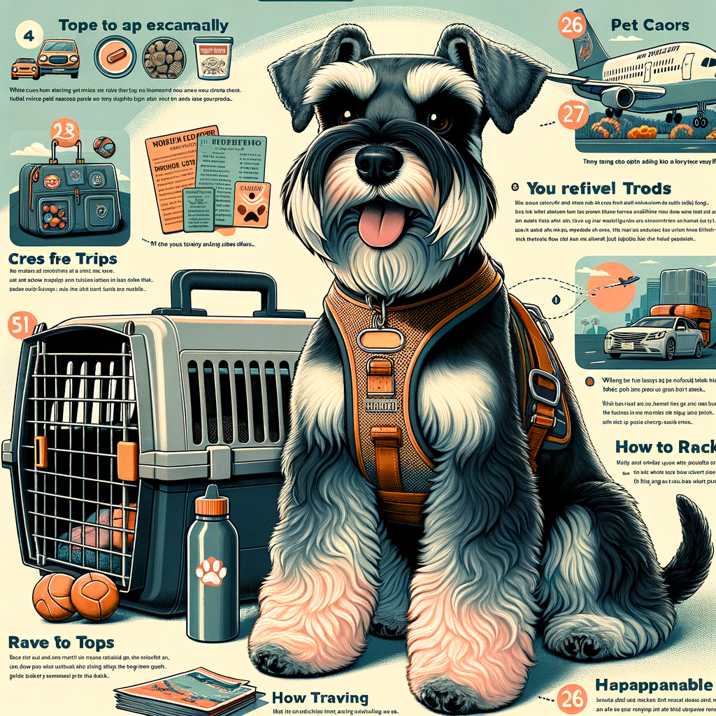Infographic providing Mini Schnauzers travel guide and tips for pet-friendly travel, stress-free road trips, and flying with Mini Schnauzers.