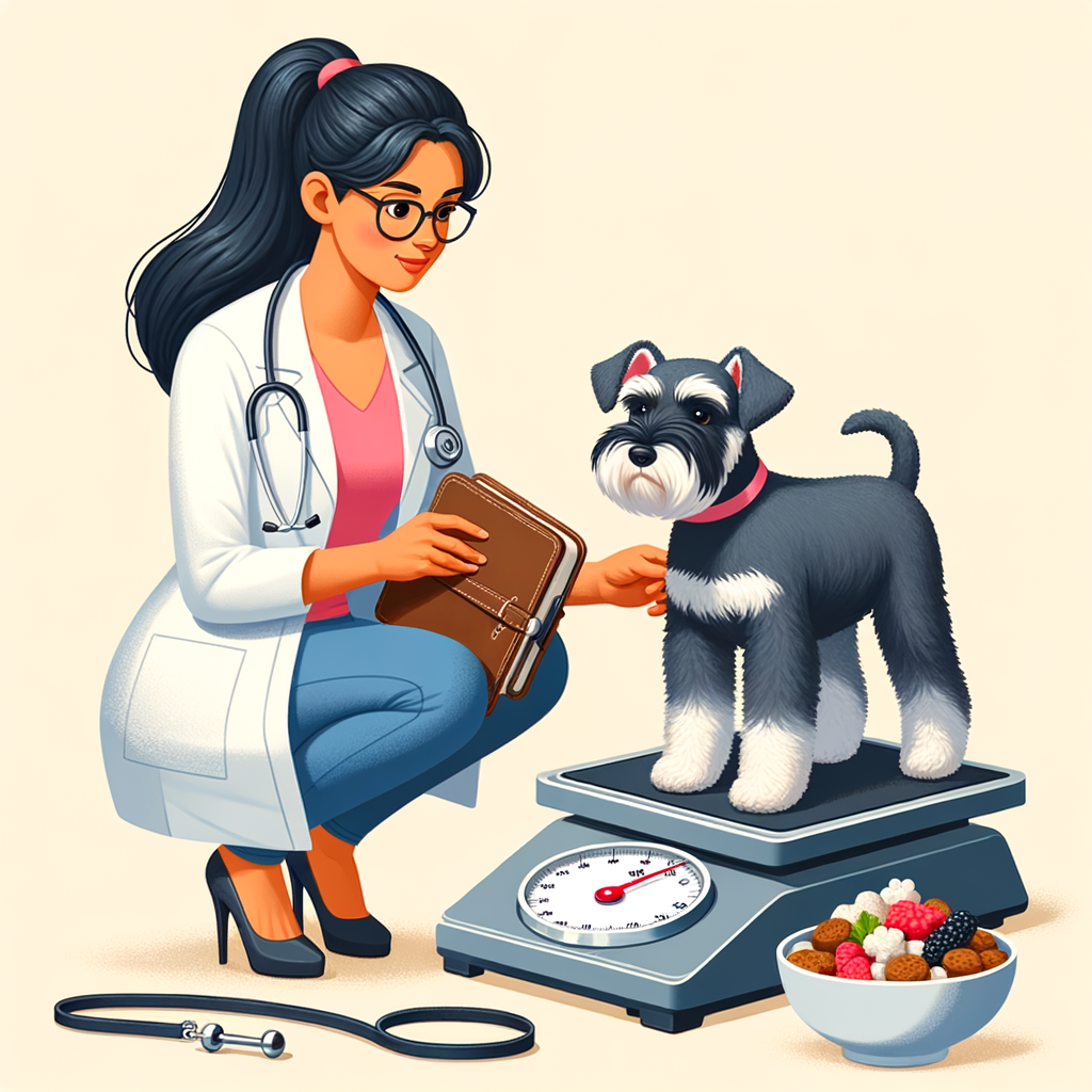 Veterinarian monitoring Mini Schnauzer weight management with balanced diet and exercise, emphasizing the importance of maintaining Mini Schnauzer's ideal weight for optimal health and lifespan.