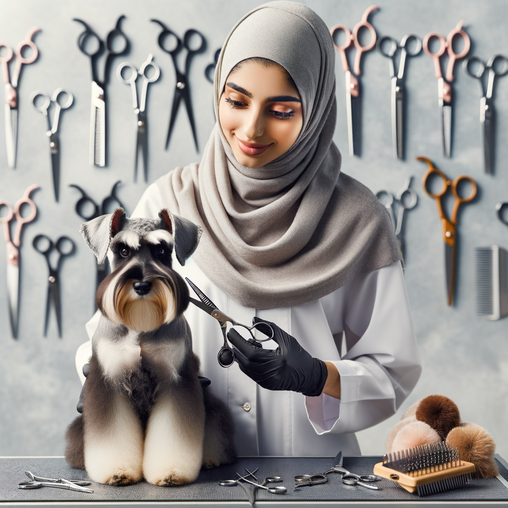 Professional dog groomer using grooming scissors on a Mini Schnauzer, demonstrating at-home dog trimming techniques and Schnauzer hair care tips, with a variety of grooming scissors for dogs displayed, symbolizing successful DIY dog grooming.