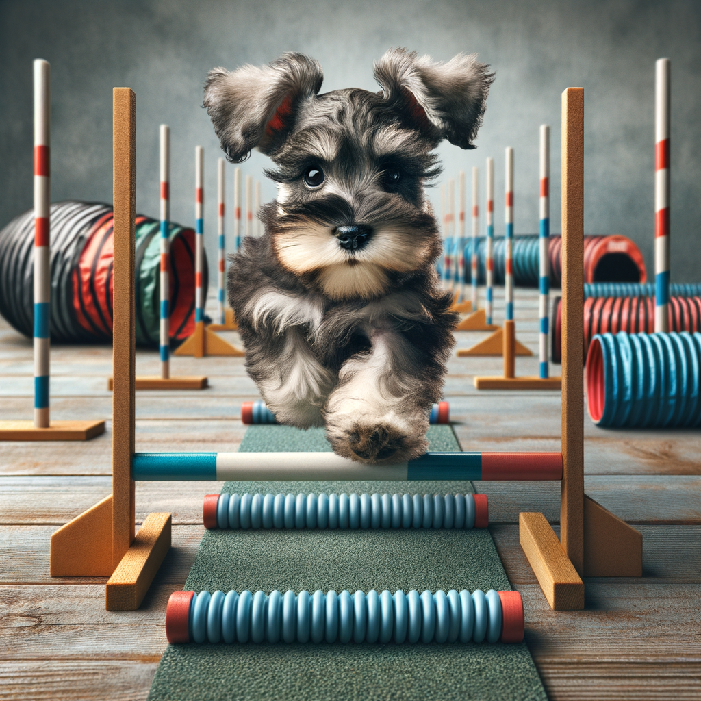 Mini Schnauzer puppy mastering agility training techniques on a challenging course, demonstrating the effectiveness of Schnauzer puppy training and agility training for puppies.