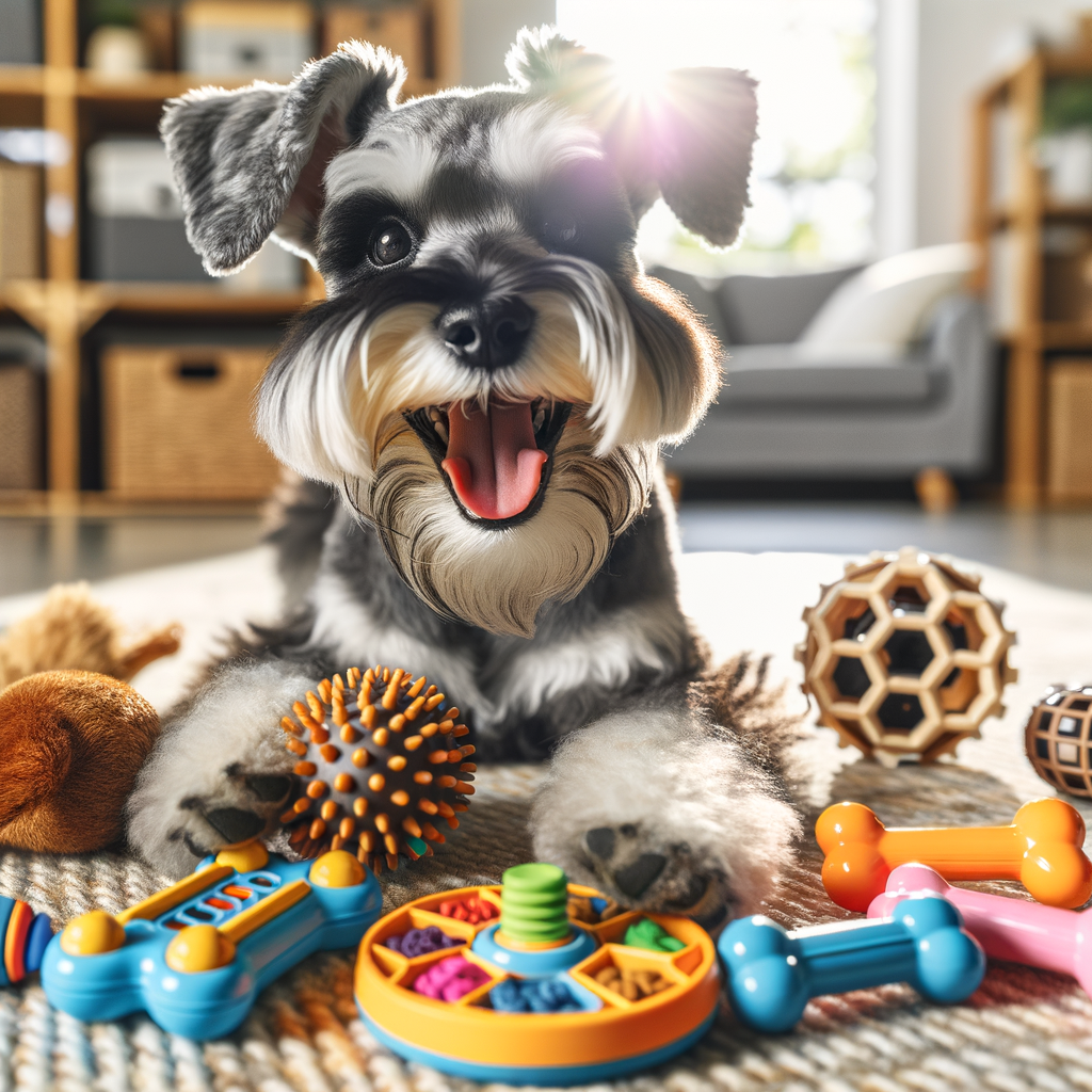 Mini Schnauzer joyfully playing with the best interactive dog toys, showcasing enriching play and the importance of choosing the right toys for Mini Schnauzer puppies.