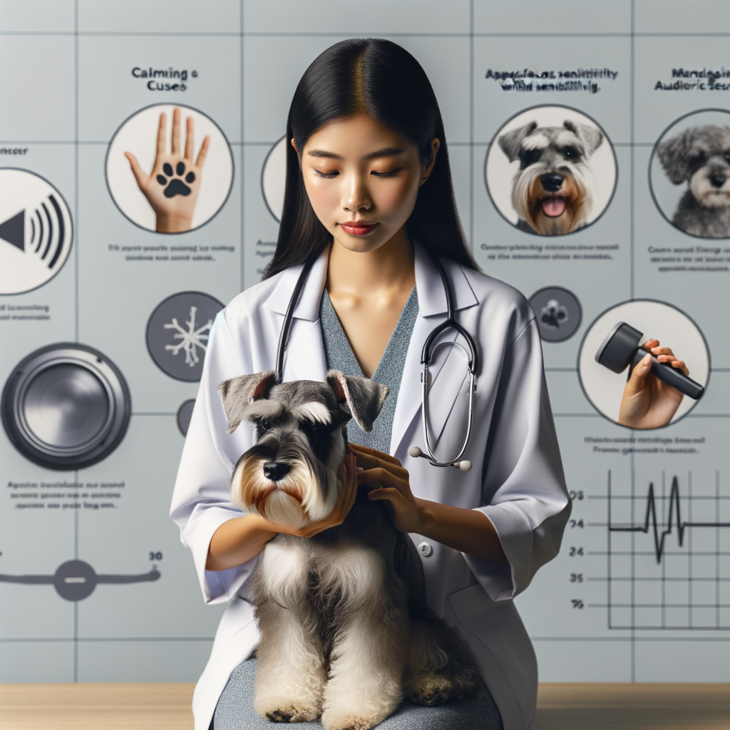 Veterinarian comforting a Mini Schnauzer demonstrating calming techniques for noise sensitivity, providing tips for dealing with sensitive dogs like Mini Schnauzers in a serene clinic setting.