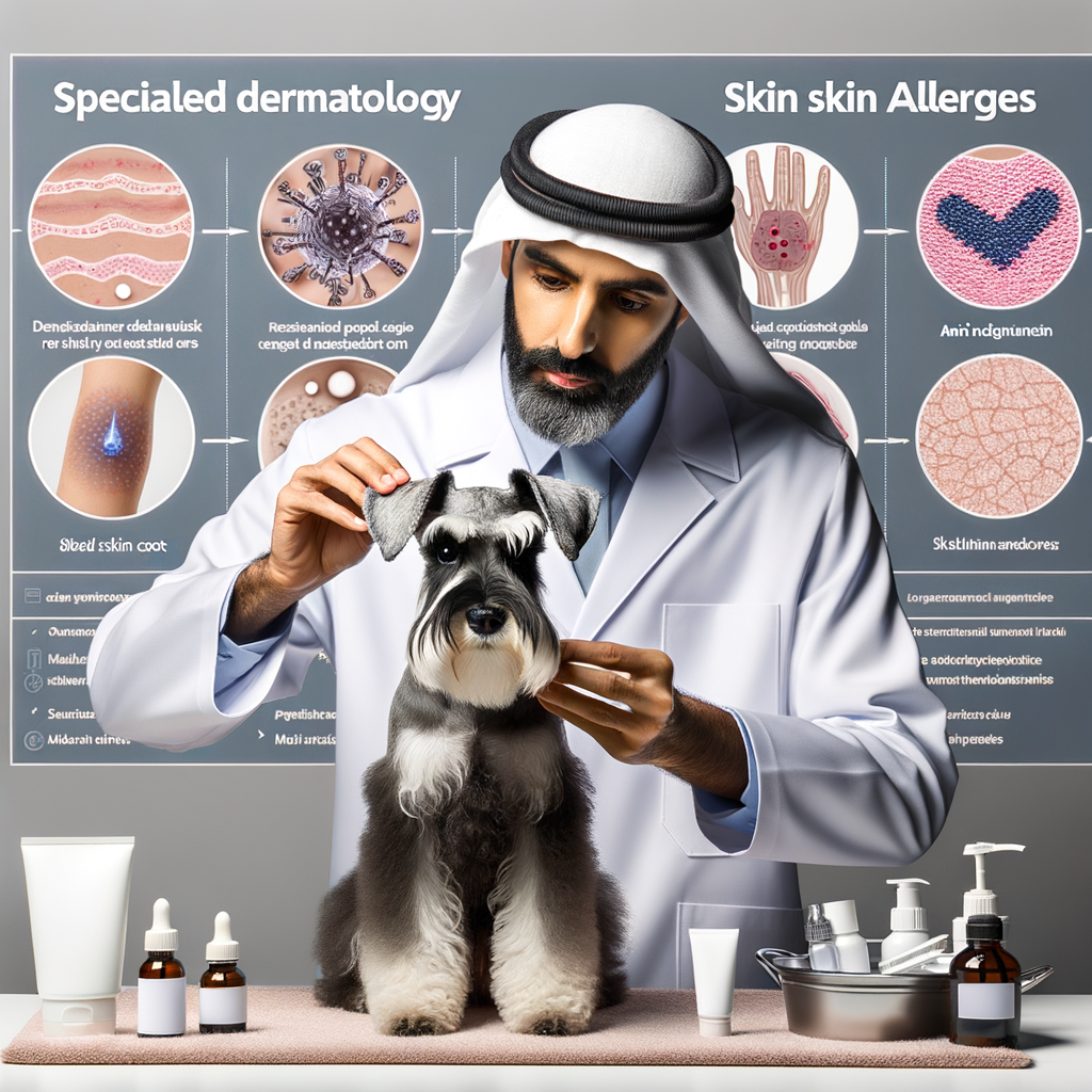 Veterinarian examining Mini Schnauzer's coat for skin allergies, with allergy treatment and skin care products for Mini Schnauzers in the background, and tips for maintaining a healthy coat and preventing skin allergies in Mini Schnauzers.