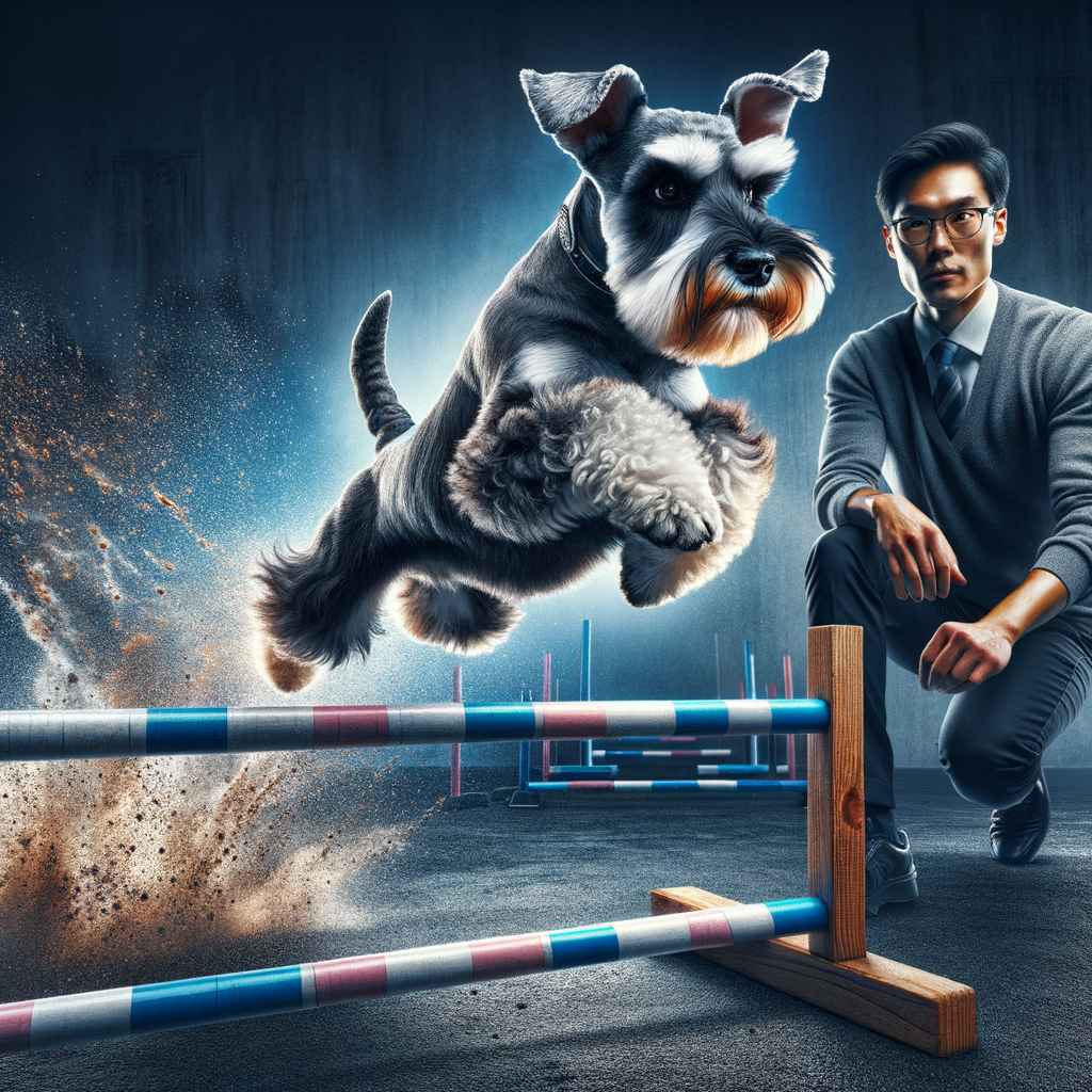 Mini Schnauzer showcasing agility and sports performance in canine sports activities, leaping over a hurdle with a professional trainer in the background, emphasizing the importance of training and regular exercise for Mini Schnauzers in competitive sports.