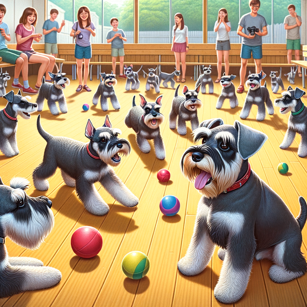 Mini Schnauzers experiencing the benefits and drawbacks of Doggie Daycare, showcasing joyful playtime and slight overwhelm, illustrating the pros and cons of Dog Daycare for Mini Schnauzers.