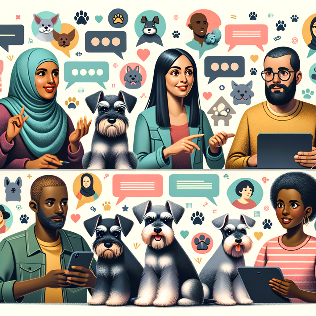 Mini Schnauzer owners engaging in online forum discussions within virtual pet communities, symbolizing online interaction and connection among pet owners.