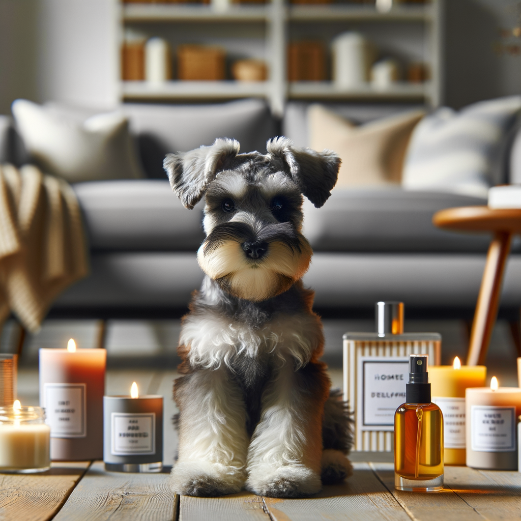 Mini Schnauzer safely enjoying pet-safe home fragrances including candles, diffusers, and sprays, highlighting the importance of choosing pet-friendly scented products for a harmonious living environment.