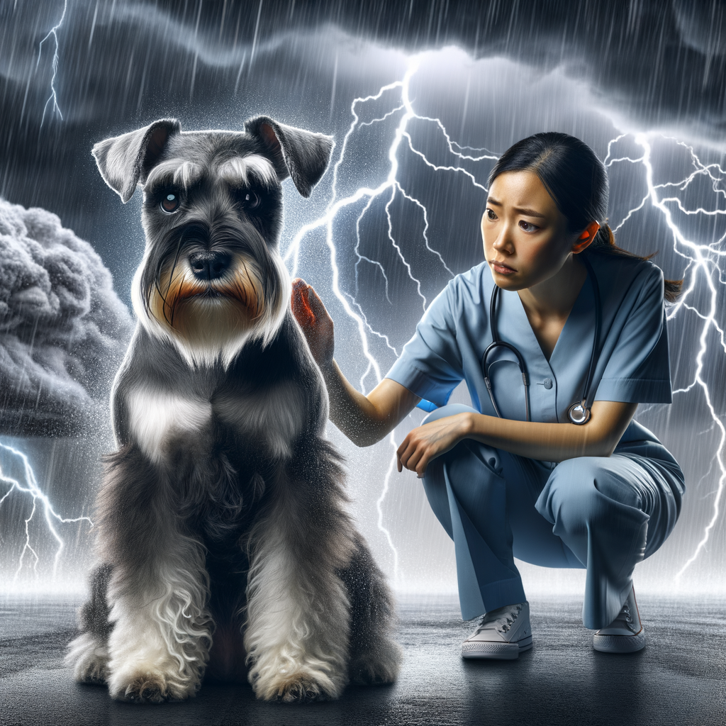 Professional pet therapist easing Mini Schnauzer anxiety during a thunderstorm, demonstrating Schnauzer storm fear solutions and the importance of understanding Mini Schnauzer behavior during storms.
