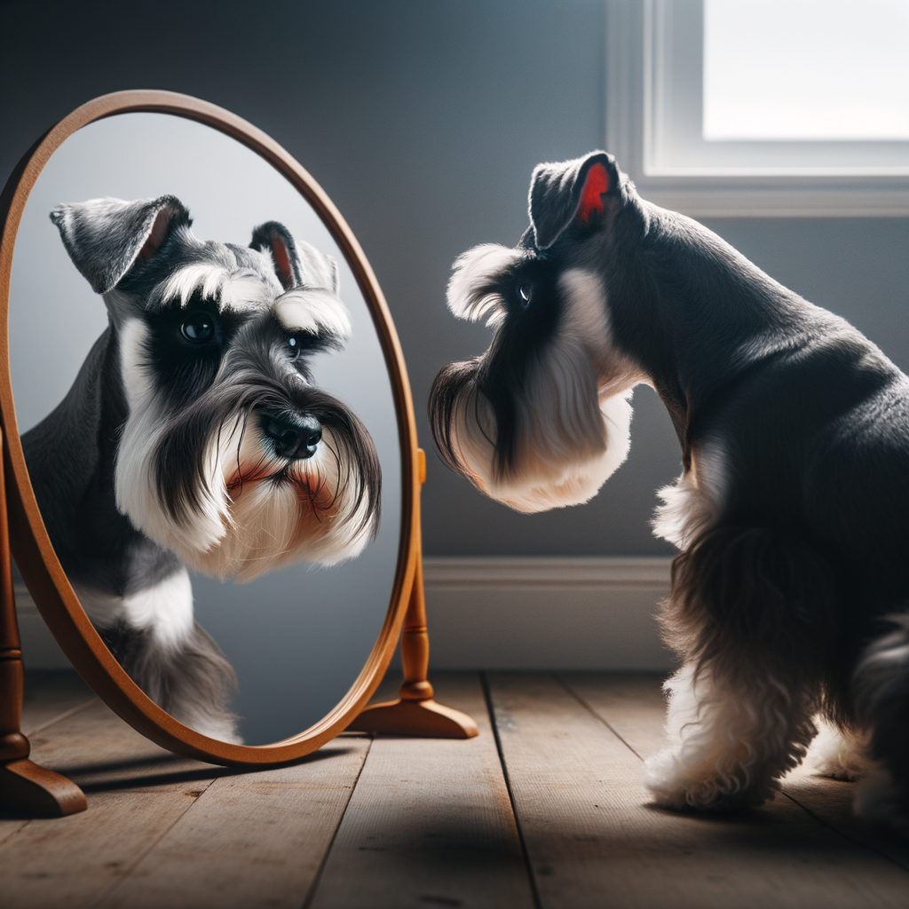 Mini Schnauzer examining its reflection in a mirror, showcasing canine reactions and understanding of reflections in dog behavior