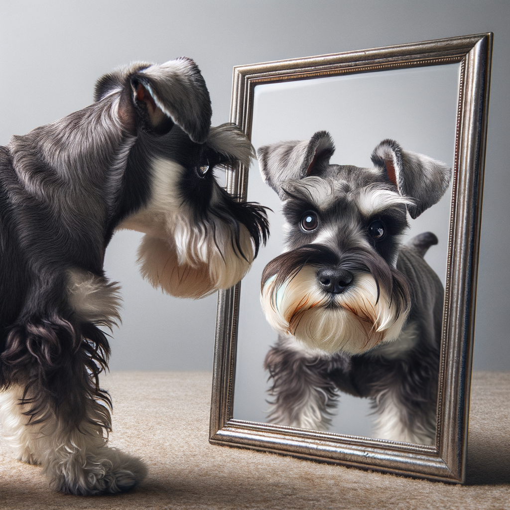 Mini Schnauzer studying its reflection in a mirror, demonstrating canine self-recognition and Miniature Schnauzer behavior for understanding dog self-awareness in canine mirror test studies.