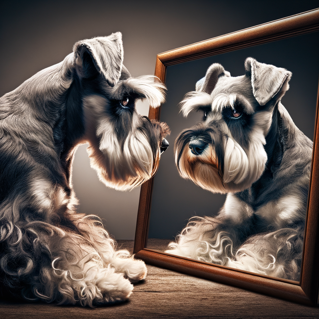 Mini Schnauzer demonstrating self-awareness by recognizing its reflection in a mirror, showcasing cognitive abilities and unique behavior for a canine self-recognition study.