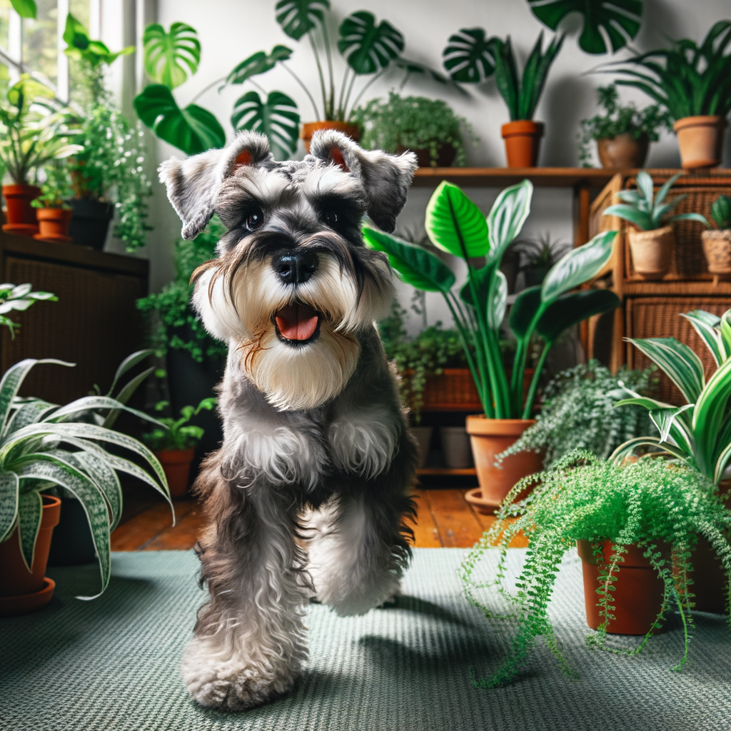Mini Schnauzer joyfully exploring a pet-friendly indoor garden filled with safe houseplants for Schnauzers, demonstrating indoor gardening in a pet-friendly home.
