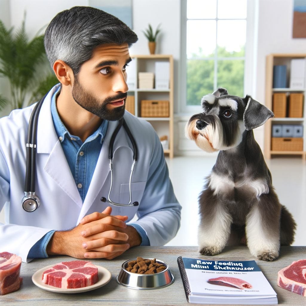 Veterinarian discussing raw feeding for Mini Schnauzer, highlighting pros and cons, with raw diet for dogs and 'Raw Feeding Guide for Mini Schnauzer' on table, showcasing benefits and drawbacks of raw feeding for Mini Schnauzer nutrition.