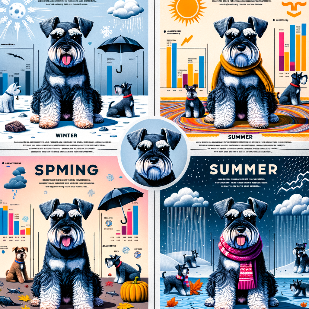 Infographic illustrating the weather impact on Mini Schnauzer behavior in different seasons, providing understanding and tips for Mini Schnauzer seasonal care.