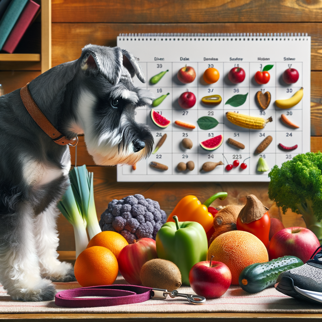 Mini Schnauzer attentively observing seasonal fruits and vegetables, indicating diet changes and exercise adaptation for seasonal dog care