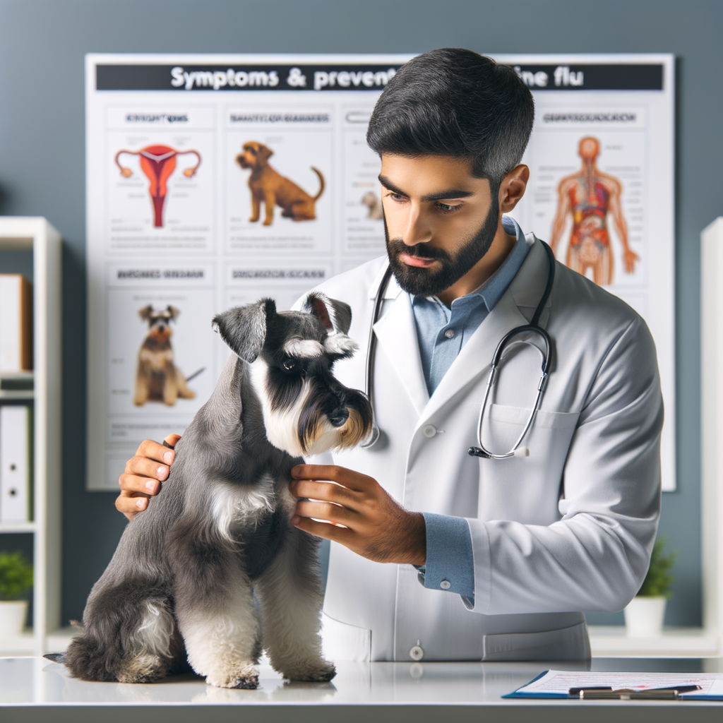 Veterinarian in lab coat examining Mini Schnauzer's health, with Canine Flu symptoms chart in background, highlighting the importance of understanding and preventing respiratory illness in dogs, especially Canine Flu in Mini Schnauzers.