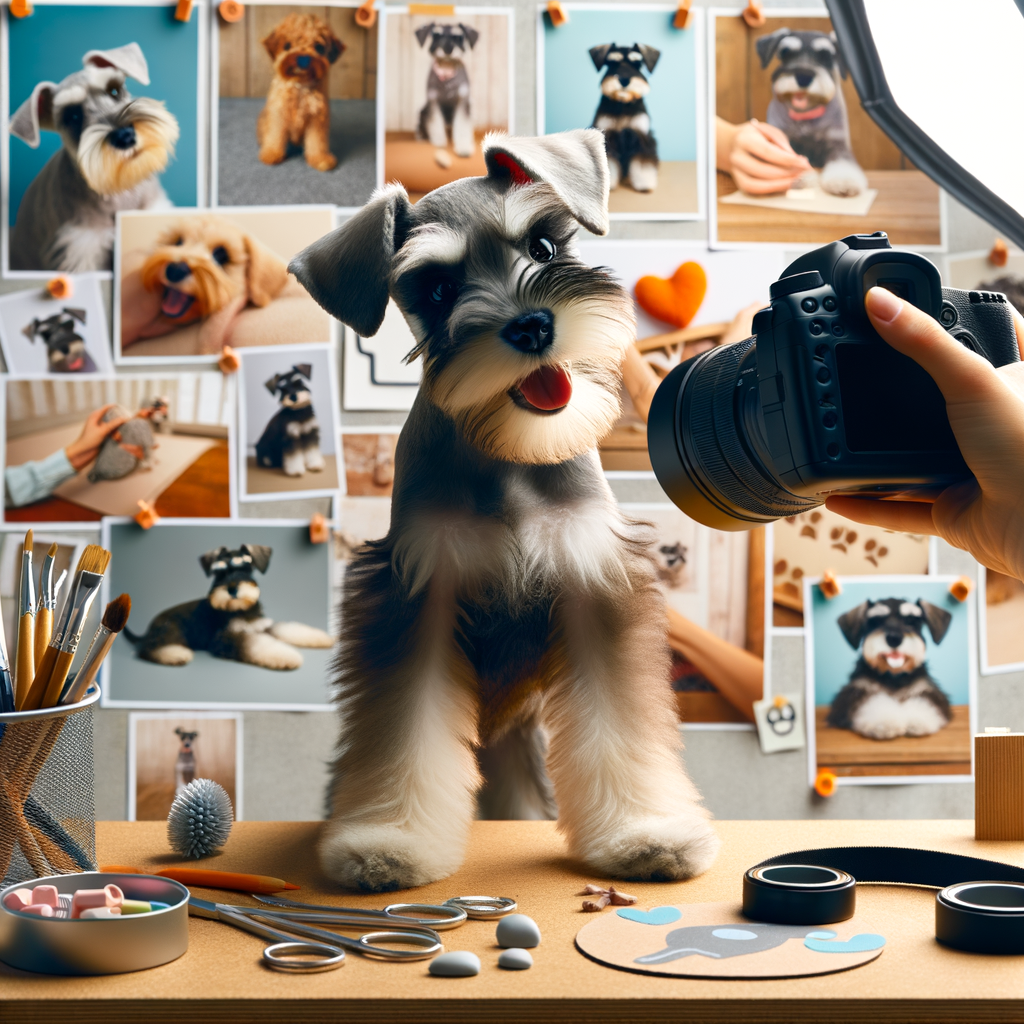 Mini Schnauzer pup playfully posing in a DIY dog photo shoot, showcasing pet photography tips and adorable dog moments, with a backdrop of DIY dog portraits and photo shoot ideas.