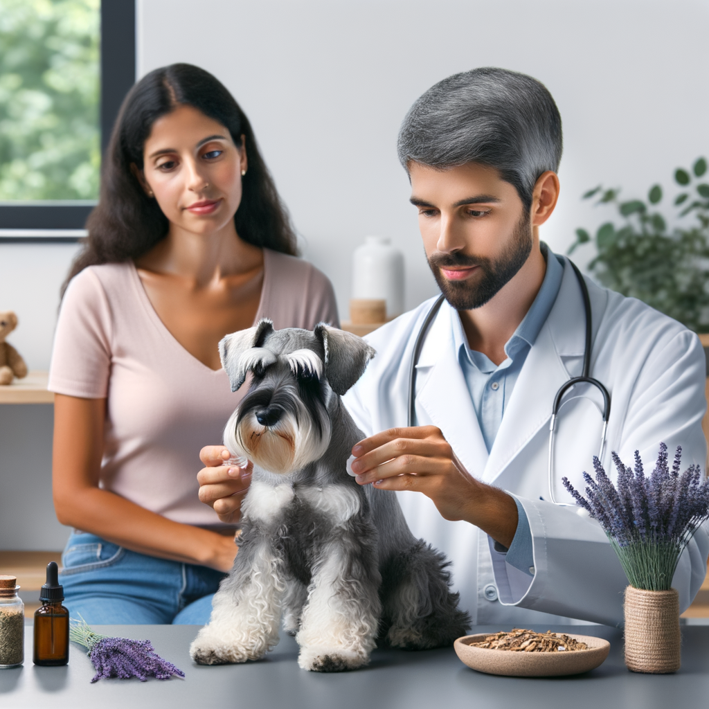 Veterinarian demonstrating holistic treatments for Mini Schnauzer anxiety relief, showcasing natural dog anxiety remedies and holistic pet care solutions for stress relief.