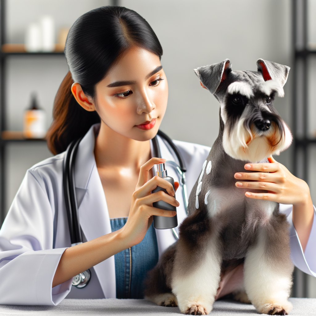 Veterinarian applying pet sunscreen on Mini Schnauzer for sun protection, demonstrating pet skin care and the importance of canine sunscreen for preventing harmful sun exposure.
