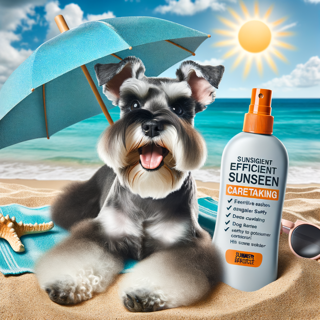 Mini Schnauzer sunbathing safely under a parasol, exemplifying sun seeker dogs and showcasing sun safety tips for Mini Schnauzer summer care.