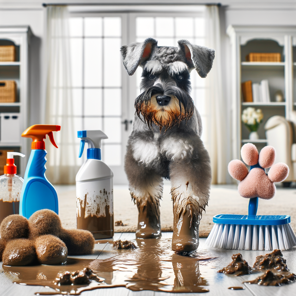 Mini Schnauzer with muddy paws playfully interacts with a Puddles dog breed indoors, illustrating indoor paw print cleaning and preventing muddy paw prints for indoor dog cleanliness.